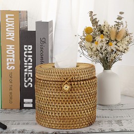 SUMTree Rattan Tissue Box Round Paper Box Organizer for Office Bathroom Living Room Bedroom Garden
