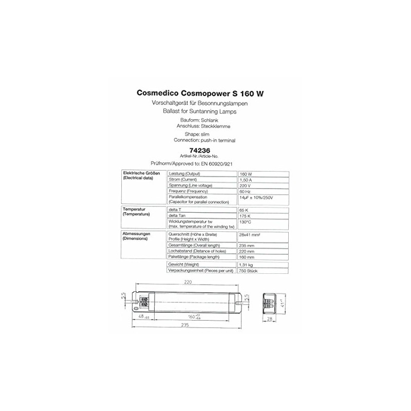 CosmoPower S 160W Choke Ballast - 220V - 60 Hz