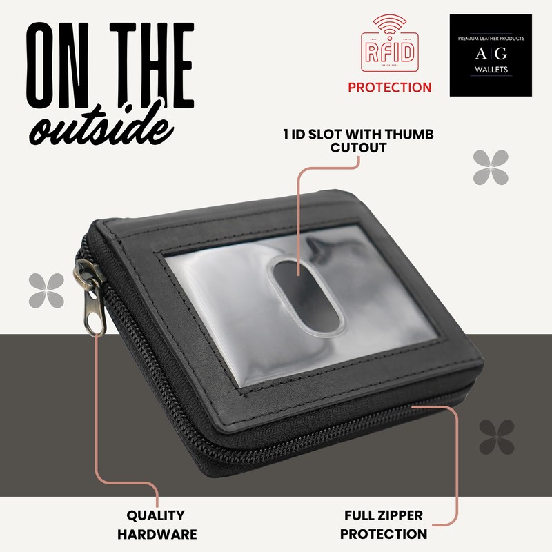 ag wallets Mens Zip Around Leather Wallet with Inserts (Black)