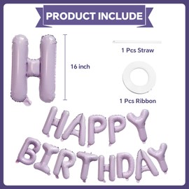 KALOR Pastel Purple Happy Birthday Balloons Banner, 16 Inch Mylar Foil Letters Balloon Sign for Birthday Party Decorations Photo Booth Backdrop
