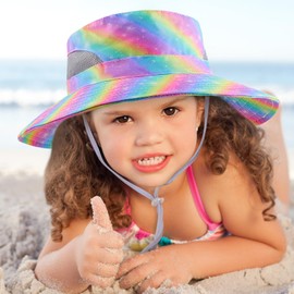 Kids Sun Hat Girls Bucket Hat Toddler Beach Hat Wide Brim Summer Fishing Hat Adjustable Cap for Girls 2-8 Years, Rainbow