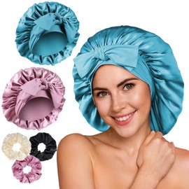 2+3 Satin Bonnet for Sleeping with Scrunchie, Satin Silk Bonnet for Sleeping Women, Silk Sleep Bonnets for Curly Hair Braid