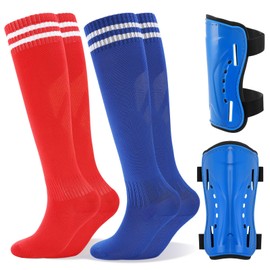 Zuimei 2 Pairs Kids Football Socks with Shin Pads Blue and Red Boys Football Socks Knee High Breathable Kids Shin Pads for Junior Soccer Training(5-12 Years)