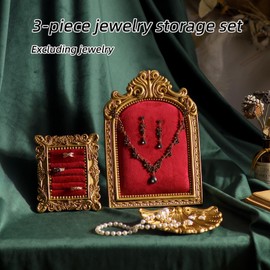 Aboacent 3-piece Velvet Slots Ring Holder Dish Set, Vintage Jewelry Display Tray, Earring Organizer, Baroque Trinket Storage Dish for Women Gifts, Necklace Jewelry Stand for Selling