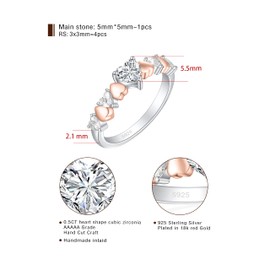 Elspeth 925 Sterling Silver Full Heart Promise Ring for Women Heart Shaped Cubic Zirconia Rose Gold Plated Engagement Rings for Her Size 7.5
