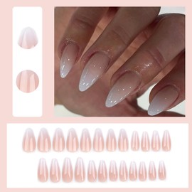 Pack of 24 False Nails Almond, French Press On Nails Pink White Gradient Nail for Sticking Acrylic Full Cover Artificial Fingernails Almond False Nails for Women and Girls Nail Art