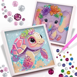 2 Piezas Kit de pintura de diamantes 5D para niños con marco,kit de pintura completa por números, arte y manualidades para niños de 6 a 8 a 10 a 12 años, decoración de pared del hogar (Tortugas y elefantes)