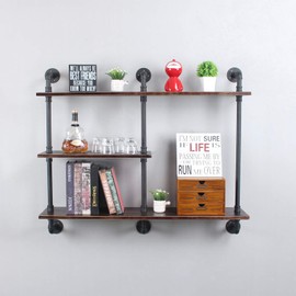 Industrial Pipe Shelf with Wood 43.3in,Rustic Wall Mount Shelf 3-Tiers,Metal Hung Bracket Bookshelf,DIY Storage Shelving Floating Shelves,Retro Black
