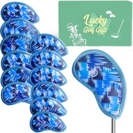 Golf Club Covers Iron Value 12 Pack Stylish Synthetic Leather Headcover, Embroidery Numbers Head Covers Universal Protector Fit Main Iron Wedge Clubs, Accessories Travel for Men Women (Blue Grid)