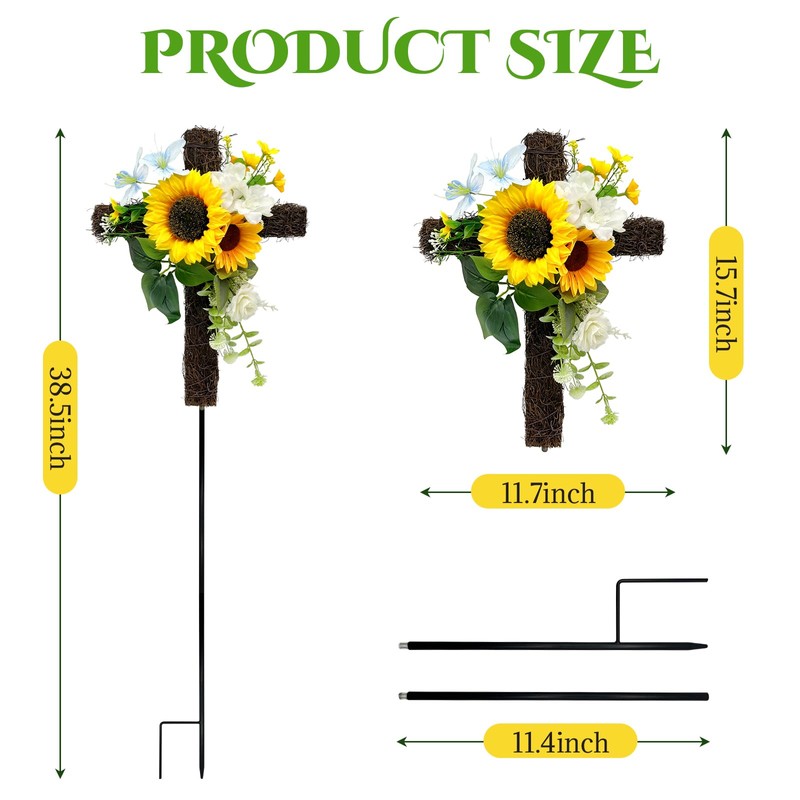 TWITTOOLS Artificial Cemetery Flowers Cross Yellow Memorial Grave Sunflowers Cross