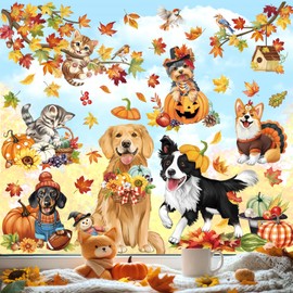 decalmile Fall Pumpkin Maple Leaves Double Sided Window Clings Autumn Harvest Dog Cat Scarecrow Birds on Tree Branch Anti-Collision Glass Doors Window Stickers Decals