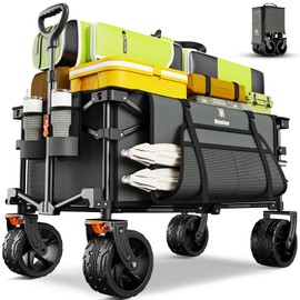 Navatiee Big Wheels Collapsible Wagon Cart Foldable, Heavy Duty Beach Wagon with Silent All-Terrain Wheels, Folding Utility Grocery Cart with Side Pocket and Brakes for Camping Garden Sports, Gray