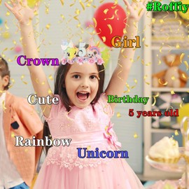 Sparkling Unicorn 5rd Birthday Headband with Glitter Unicorn Rainbow & Pink Roses – 5-Year-Olds Magical Girls Party Hairband, Cute Toddler Unicorn Crown Accessory, Fantasy Photo Prop