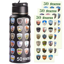 Beautsque 50 States Water Bottle with Stickers, National Parks Water Bottle, Stainless Steel Insulated Bottles with Straw,3D Printed,32 oz,Double Stickers,Black