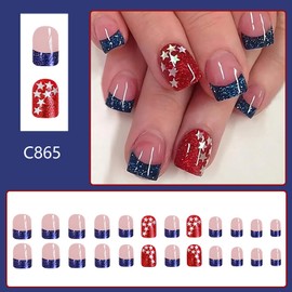 Indeoendence Day Blue French Tip Press on Nails Short Square Stars Sequins Glitter Powder Design 4th of July Press Ons Patriotic Fake Nail Artificial Stick on Nail Full Cover Glue on Nails for Women