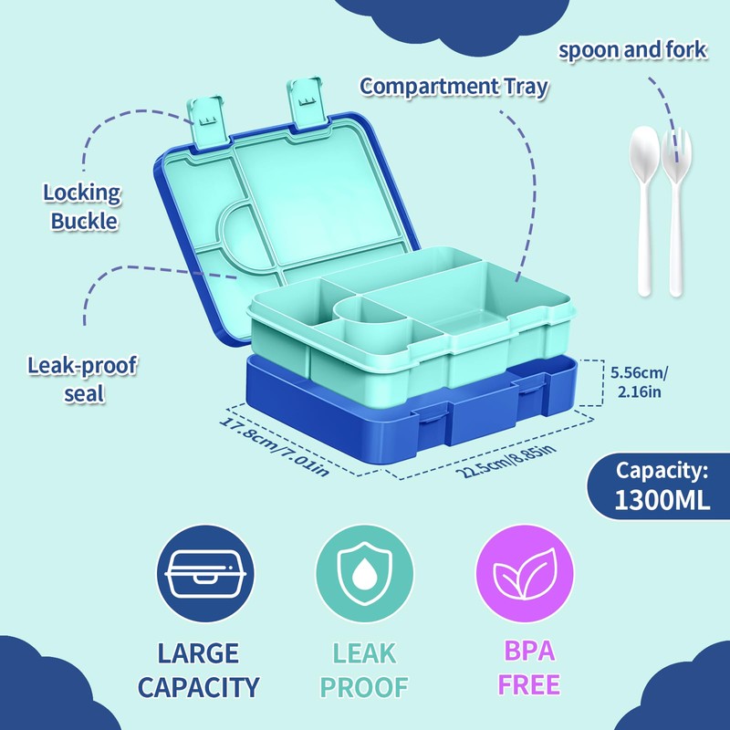 Mangoin Bento Lunch Box for Kids, Leak-Proof 5-Compartment Cute Lunchbox