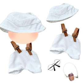 17cm Doll Clothes, 4 Pcs Handmade Clothes Set for 17 cm Dolls Include Overall with Adjustable Straps Hat Glasses Coffee Cup Pendant, Premium Stylish Clothes Replacement for Adult Kid (NO Doll) White