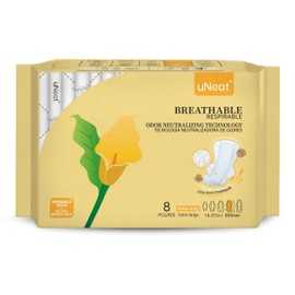 uNeat Ultra Thin Breathable Feminine Pads with Wings for Women, Odor-Neutralizing Tech, Unscented, Heavy Absorbency, Overnight Pads (Extra Long, 8 Count)