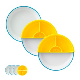 Omie® Easy Scoop Plates for Kids | Unique Design Helps Food Fall into the Spoon, Not on the Table | Made from Plants | 3 Plates + 2 Silicone Dividers | Blue
