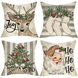Fjfz Christmas Santa Claus Reindeer Decorative Throw Pillow Covers 18 x 18 Set of 4, Xmas Tree Winter Holiday Gray Stripes Stocking Porch Outdoor Home Decor, Sleigh Hohoho Joy Snowflakes Cushion Case
