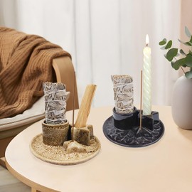 Aonfubu Sage and Palo Santo Holder,4 in 1 Incense Burner Holder for Sticks,Ceramic Sage Holder for Burning,Candle Holder,Ash Catcher Tray for Meditation Yoga,Black