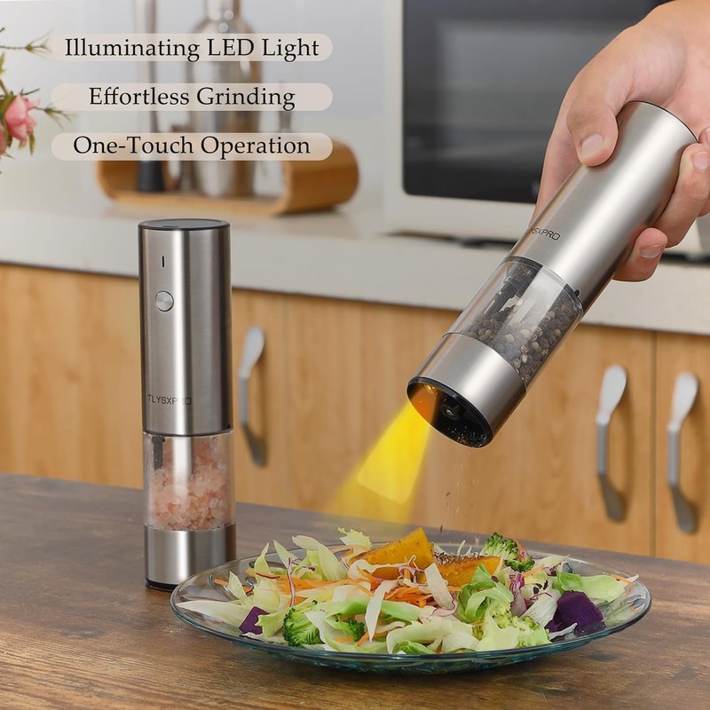 Electric Salt and Pepper Grinder Set, USB Rechargeable, Stainless Steel