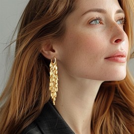 Hius 18K Gold Plated Leaf Hoop Earrings for Women, Long Tassel Dangle Drop Earrings, Chunky Gold Chandelier Earrings, Normal, Copper, No Gemstone
