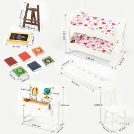 SAMCAMI Miniature Dollhouse Furniture 1 12 Scale - Wooden Dollhouse Bed Set - Doll House Furniture Toys Incl Doll Bed, Desk, Books, blackboards and Other Dollhouse Accessories