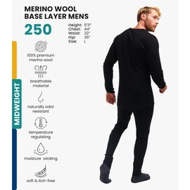Merino.tech Merino Wool Base Layer Mens Set - Heavyweight, Midweight, Lite Merino Wool Thermal Underwear For Men Top, Bottom (Large, 250 Black)