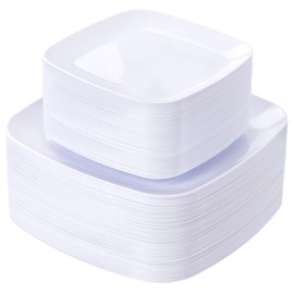 PULOTE 100PCS White Plastic Plates - White Square Disposable Include 50 Dinner 10 inch & 50 Dessert 7.25inch Plates, Ideal for Party & Wedding