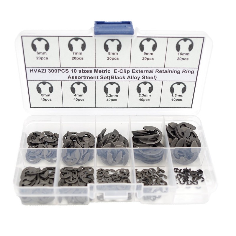 HVAZI 300PCS E-Clip External Retaining Ring Assortment Set(Black Alloy Steel)