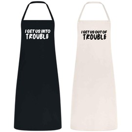 Be Buz His and Her Aprons for Couples Bridal Shower Gift Wedding Gift for Newlyweds Cotton Material Black and Natural Matching Kitchen Aprons I Get Us Into Trouble, I Get Us Out of Trouble Apron