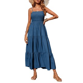 PRETTYGARDEN Women's Summer Maxi Dress 2024 Casual Boho Sleeveless Spaghetti Strap Smocked Tiered Long Beach Sun Dresses (Dark Blue,XL)