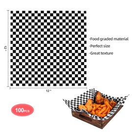 100pcs Deli Paper Sheets 12x12", Premium Food Basket Liners, Grease Resistant Wax Sheets for Food, Classic Black Checkered Sandwich Wrapping Paper for Party, Festival and Outdoors, JIRNGLA