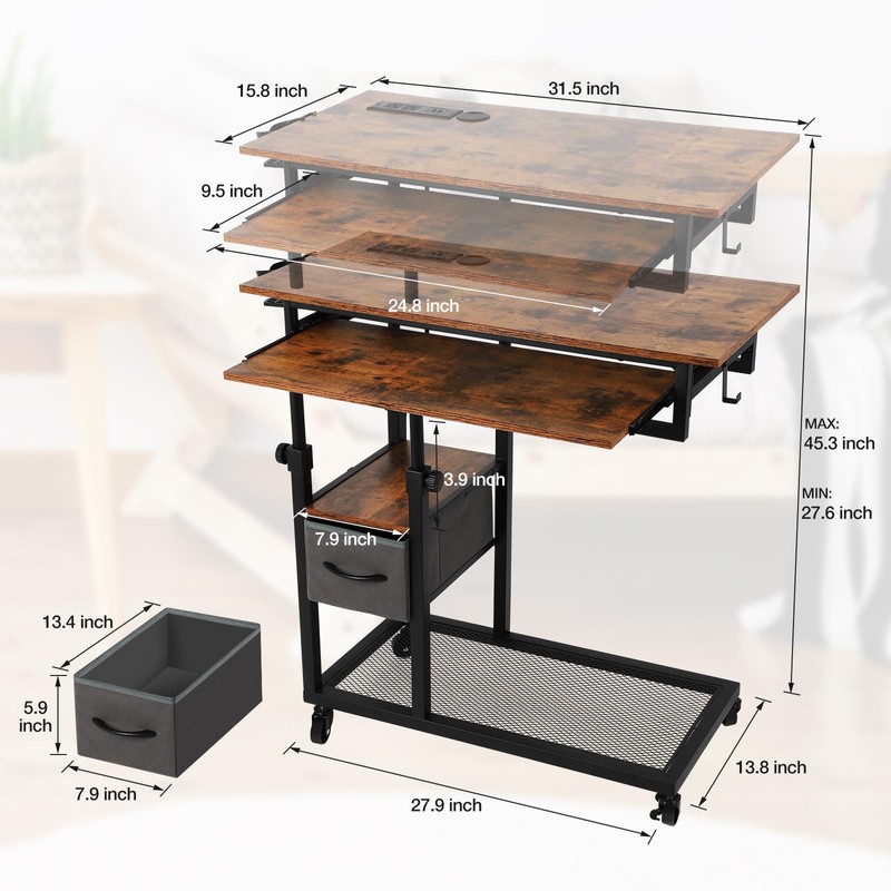 FAHKNS C Table with Wheels, Adjustable Couch Table with Charging