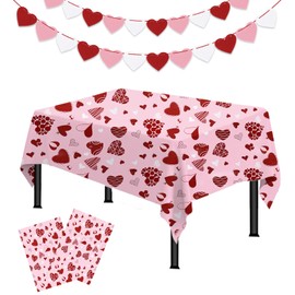 Valentines Day Tablecloth Plastic 54x108 Inch, 2Pack Disposable Pink Heart Tablecloth, Rectangle Valentine Table Cloth Table Cover for Valentine’s Day Wedding Decor Decoration with 2PCS Heart Garlands