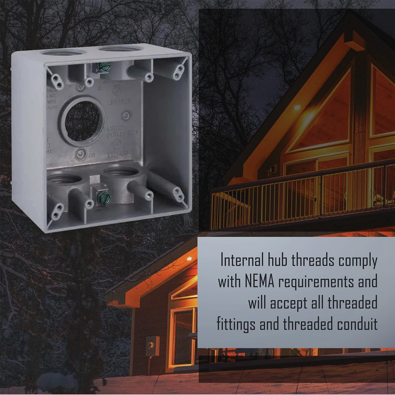 2-Gang Weatherproof Deep Box, Five 1 in. Threaded Outlets, Gray
