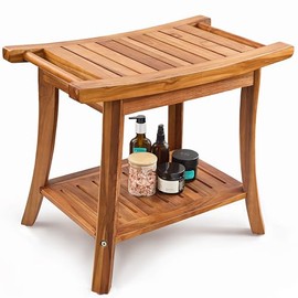 Tinamo 22" Teak L Shower Bench Seat for Inside Shower - 400Lbs Capacity - Wooden Shower Bench with Shelf - Bathroom Bench and Teak Shower Stool for Spa and Bath - Wood Bench for Relaxing Bath