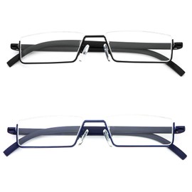 REAVEE 2 Pack Half Frame Reading Glasses for Men Women, Half Lens Metal Lightweight Readers Portable with Case, Black and Blue +2.5