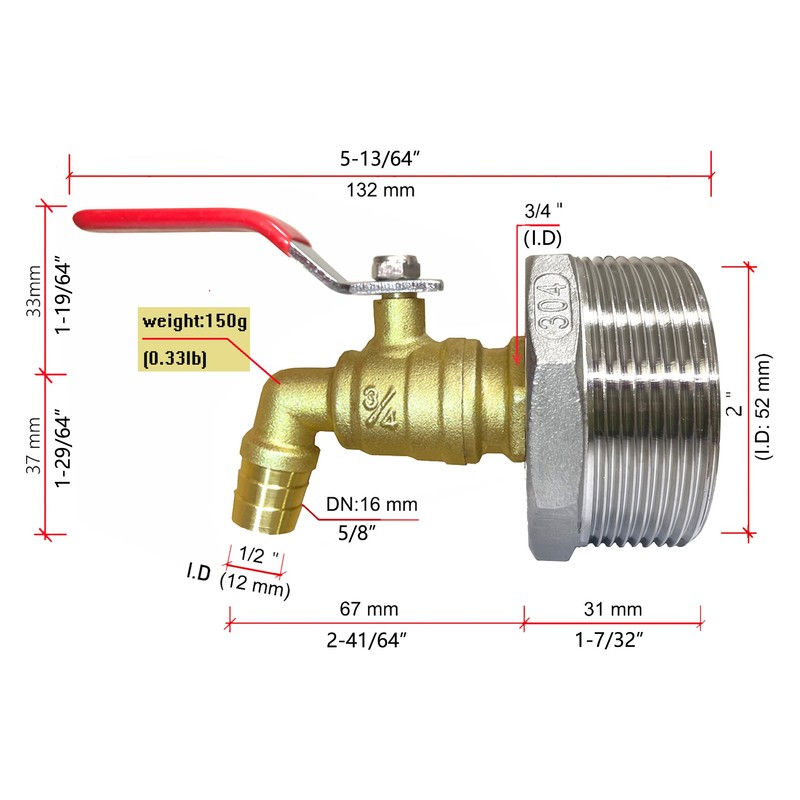 Generic 2 inch Drum Faucet 34 inch Brass Barrel Faucet