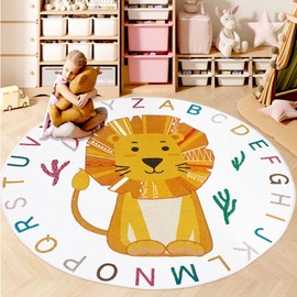 Abeigoi ABC Lion Rug 5Ft Circle Safari Animal Kids Bedroom Carpet Round Large Child Playroom Nursery Mat Boho Rainow Jungle Rug for Boys Girls Soft Washable Classroom Rug