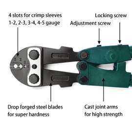 FenceMate 4 Slot Crimping Swaging Tool Kit to Join High Tensile Steel Wires, Ropes with 4 Sizes Assorted Sleeves, Spanner & Gauge Tool, 18" Hand Crimper Swager for Splicing Wires, Crimp wrench