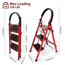 3 Step Ladder, Step Stool for Adults, Protable Steel Folding Stool with Wide Anti-Slip Pedal and Cushioned Handle, 330lbs Sturdy Steel Ladder for Household and Kitchen, Red