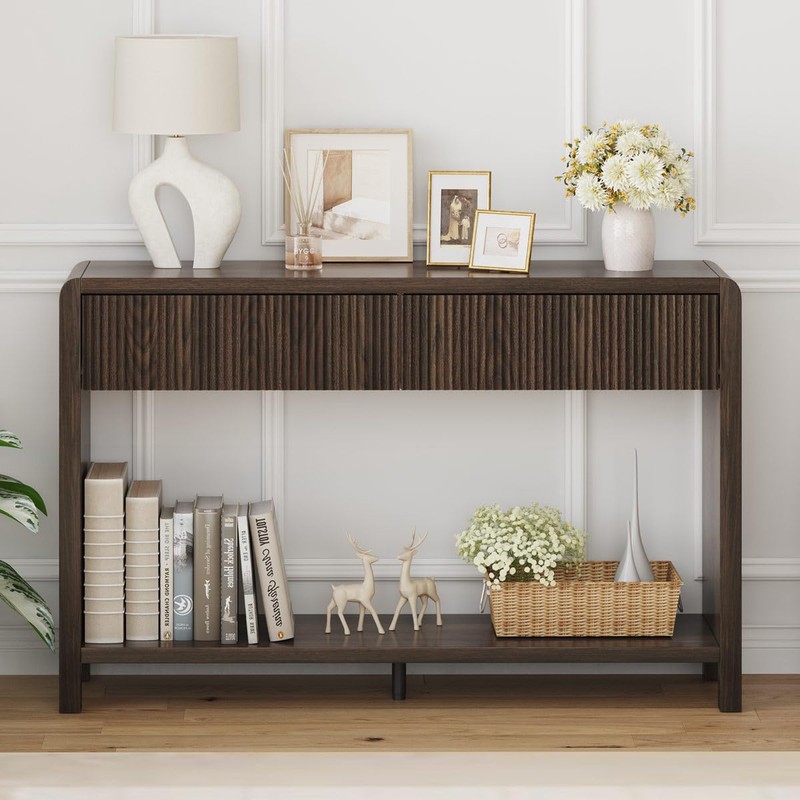 FATORRI Console Sofa Table with 2 Drawers, Wood Couch Table