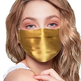 100% Mulberry Silk Face Mask Covering Men & Women Reusable with Ear loops Nose Wire Filter (Gold, Pleated)