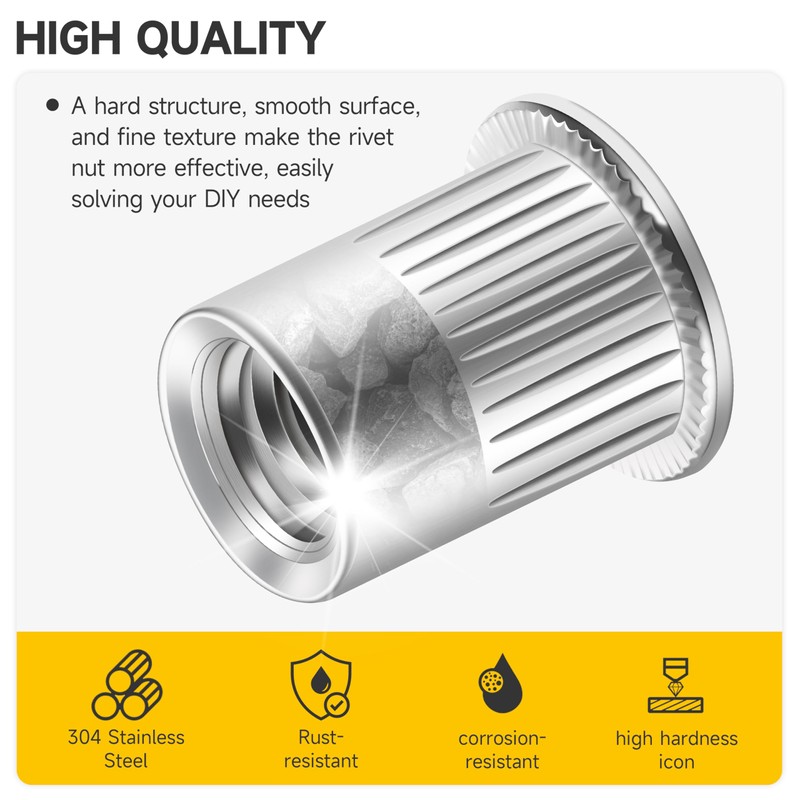 Mywish 50Pcs 3/8 Rivet Nuts, 304 Stainless Steel Flat Head
