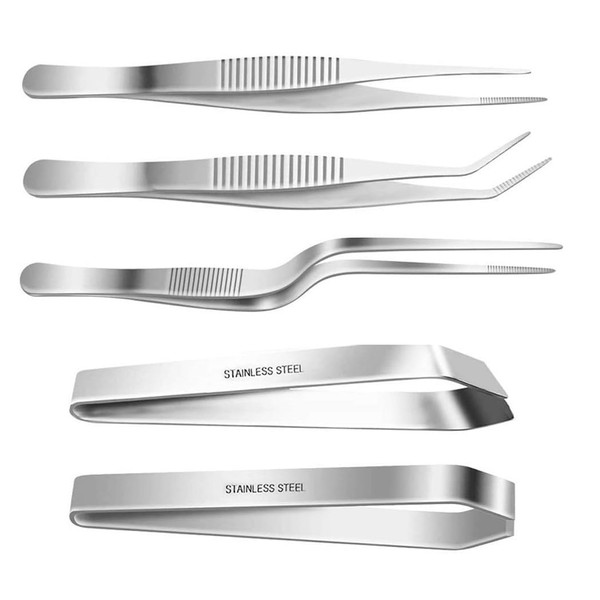 5 Pieces Kitchen Tongs, Chef Tongs Set, Stainless Steel Inclined