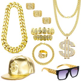 MEDOJO 80 90s Hip Hop Costume Outfit Kit Fake Golden Chain Dollar Sign Cap CZ Grillz Teeth Rapper Accessories Set