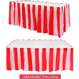Pangda 2 Pieces Red and White Striped Table Skirt Carnival Theme Table Skirts for Circus Carnival Decoration Party Supplies