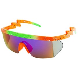 ShadyVEU Semi Rimless Neon Rainbow Sunglasses Mirrored Lens UV Protection 80s Retro Rave Shades Crooked ZigZag Bolt Arm (Orange & Green Frame/Purple Lens)